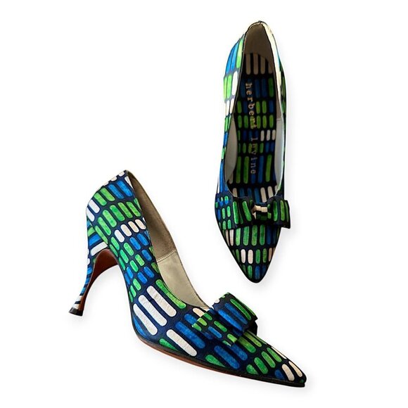 Vintage Herbert Levine Pumps |1960s Mod| Blue Green Geometric, Bow | Size 5.5A - Picture 1 of 14